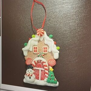 The Christmas Shoppe Gingerbread House Ornament with Snowman and tree